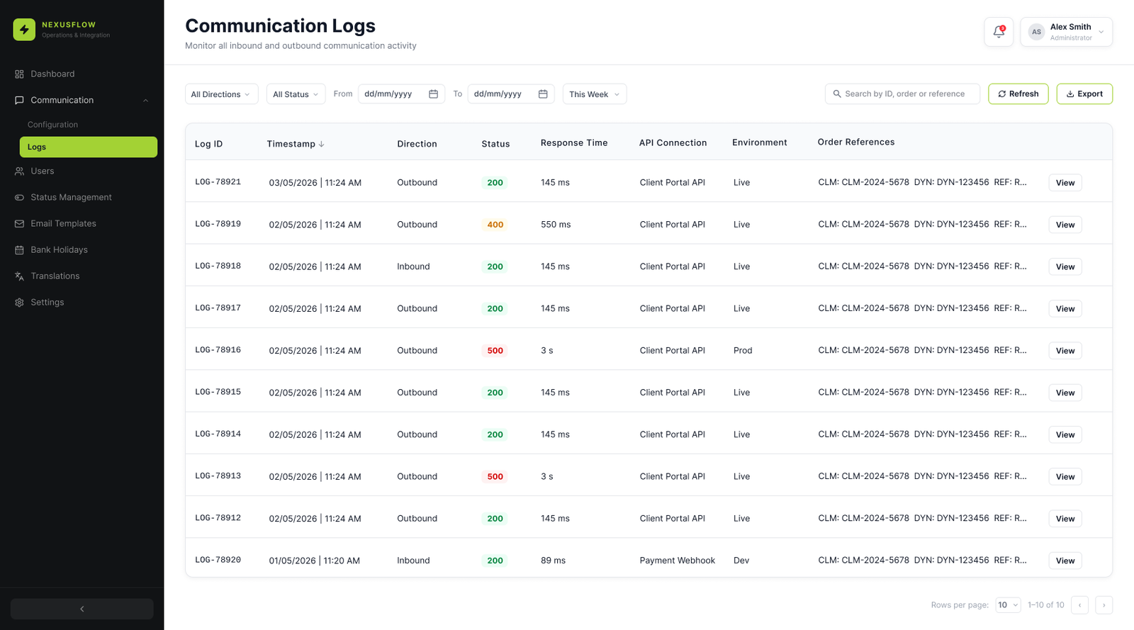 NexusFlow Communication Logs table with filters and status values