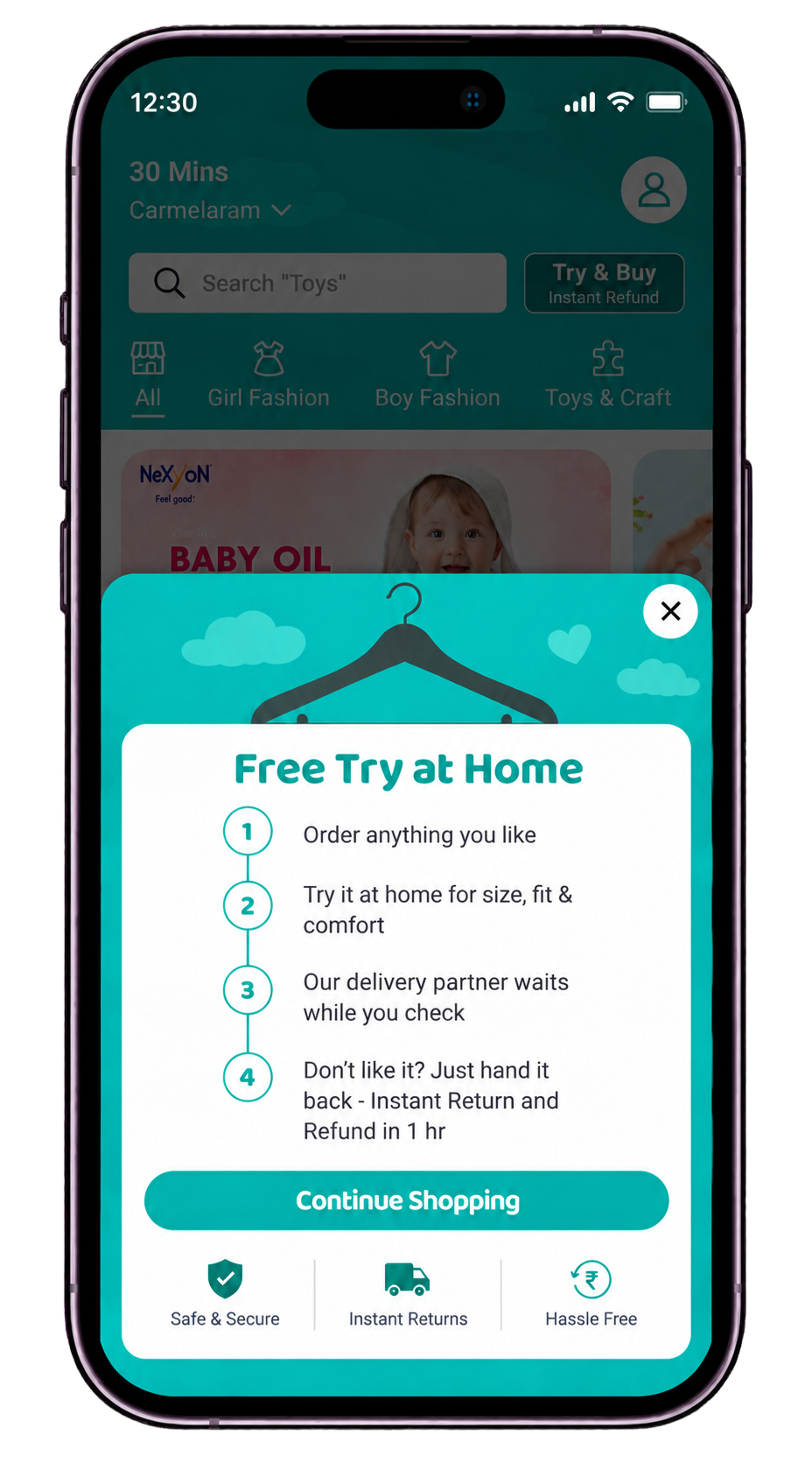 Peeko Free Try at Home instructional modal with four steps